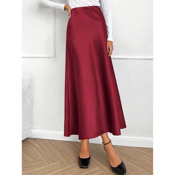 Elegant Satin Maxi Skirt for Women High Waisted Wine Red Silk Fall Dressy Casul - Picture 7 of 7
